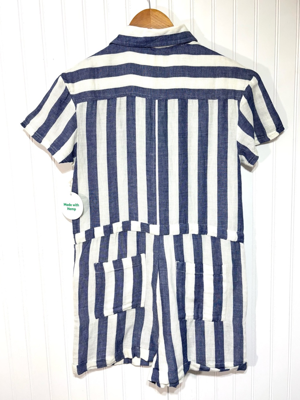 PACT The Harbour Organic Cotton Hemp Blue Stripe Romper Shorts NWT Small - Picture 7 of 14